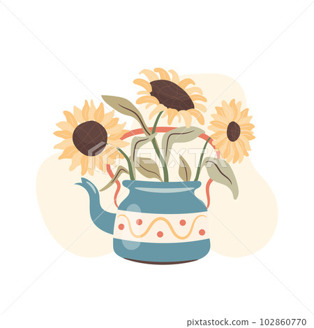 Autumn illustration with sunflowers in teapot. 102860770