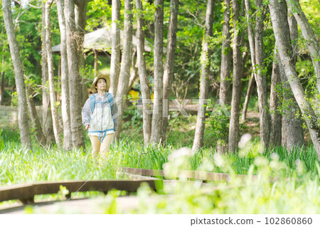Photo of a senior woman hiking in fresh green 102860860