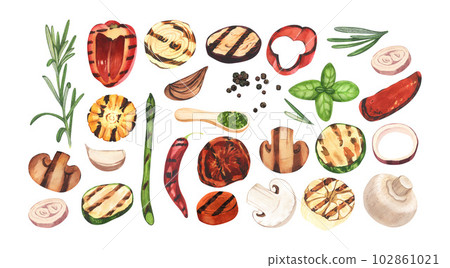 Watercolor grilled vegetable barbecue: pepper, tomato, zucchini, mushrooms, rosemary and corn for cooking bbq. Hand-drawn illustration isolated on white background. Perfect for menu cafe, restaurant 102861021