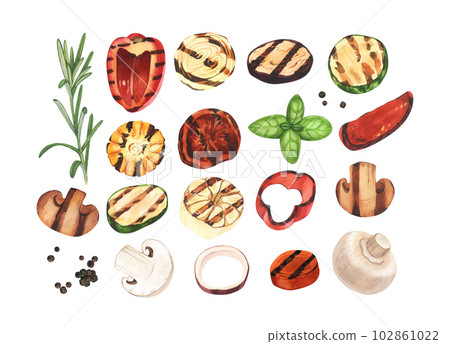 Watercolor grilled vegetable barbecue: pepper, tomato, zucchini, mushrooms, rosemary and corn for cooking bbq. Hand-drawn illustration isolated on white background. Perfect for menu cafe, restaurant 102861022