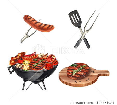 Watercolor barbecue elements set. Collection for cooking bbq - grill, vegetable on brazier, sausage on a fork, meat on the board. Hand-drawn illustration isolated on white background. Perfect for menu 102861024