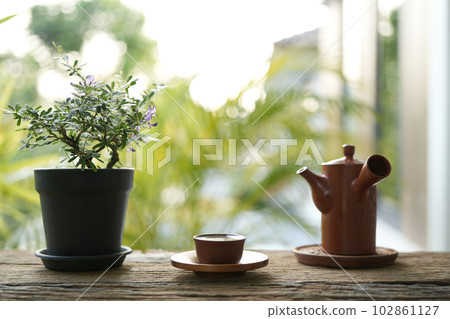 Earthenware tea pot and small tea cup and plant on wooden table outdoor drinking 102861127