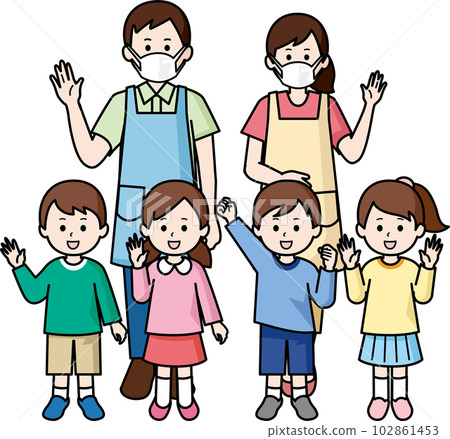 Kindergarten teachers, nursery teachers and children wearing masks Kindergarten teachers, nursery teachers and children wearing masks 102861453