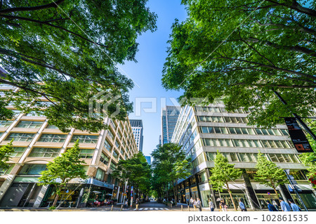日本仲夏節的東京城市景觀。大部分沒有男人的人在過渡到5班...俯瞰在新綠中閃耀的丸之內辦公區 日本仲夏節的東京城市景觀。大部分沒有男人的人在過渡到5班...俯瞰在新綠中閃耀的丸之內辦公區 102861535