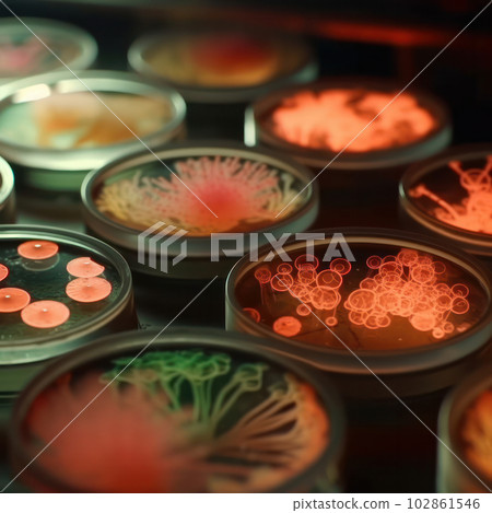 Microbiological laboratory concept with petri dish and green bacterial growth is AI Generative. Microbiological laboratory concept with petri dish and green bacterial growth is AI Generative. 102861546