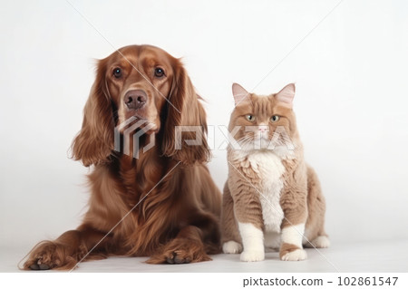 Peaceful pets, cat and dog, sitting together with trust and harmony, promoting love and loyalty between animals. AI Generative. Peaceful pets, cat and dog, sitting together with trust and harmony, promoting love and loyalty between animals. AI Generative. 102861547