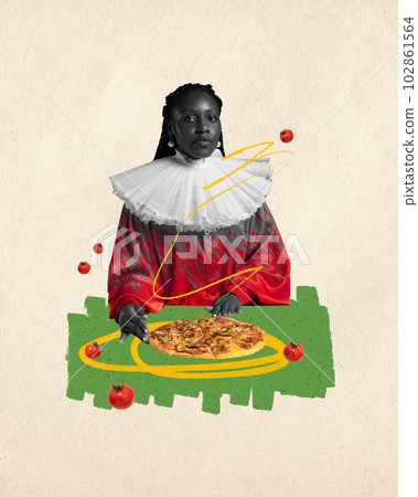 Contemporary art collage. African young woman in bright red vintage dress with big white collar eating delicious pizza Contemporary art collage. African young woman in bright red vintage dress with big white collar eating delicious pizza 102861564