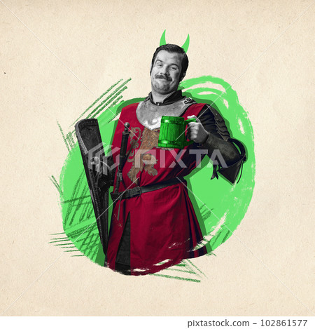 Contemporary art collage. Medieval warrior or knight with dirty wounded face holding shield and mug Contemporary art collage. Medieval warrior or knight with dirty wounded face holding shield and mug 102861577
