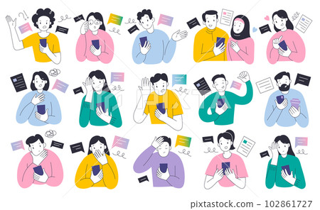 People reading news using smartphone app with various facial expressions, comment, react on social media, flat vector illustrations 102861727