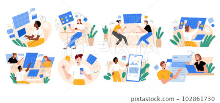 People taking, sharing notes, user experience concept, managing projects, using laptops, phone app interface. Creating tables, kanban boards, checklists People taking, sharing notes, user experience concept, managing projects, using laptops, phone app interface. Creating tables, kanban boards, checklists 102861730