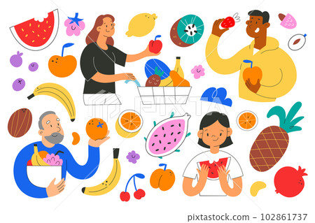 People and fruit collection, senior person buys fruit in grocery, children eating watermelon, young woman with shopping cart, flat vector illustrations People and fruit collection, senior person buys fruit in grocery, children eating watermelon, young woman with shopping cart, flat vector illustrations 102861737