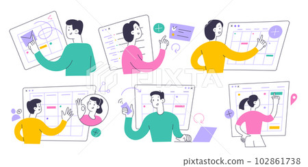 People use digital calendar, manage plans, tasks, events and appointments, weekly scheduling, agenda app, flat vector illustration People use digital calendar, manage plans, tasks, events and appointments, weekly scheduling, agenda app, flat vector illustration 102861738