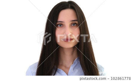 Young woman with dark long hair and blue eyes portrait on white background Young woman with dark long hair and blue eyes portrait on white background 102861778