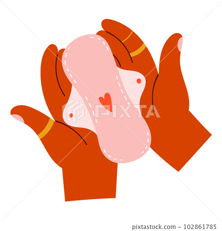 Reusable menstrual pads, woman holding in hands fabric sanitary pad for periods, waterproof zero waste hygiene product, hand drawn vector illustration Reusable menstrual pads, woman holding in hands fabric sanitary pad for periods, waterproof zero waste hygiene product, hand drawn vector illustration 102861785