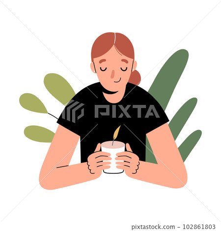 Relaxed smiling woman holding lighting candle, smelling perfumed candle, home aromatherapy. Flat vector illustration Relaxed smiling woman holding lighting candle, smelling perfumed candle, home aromatherapy. Flat vector illustration 102861803