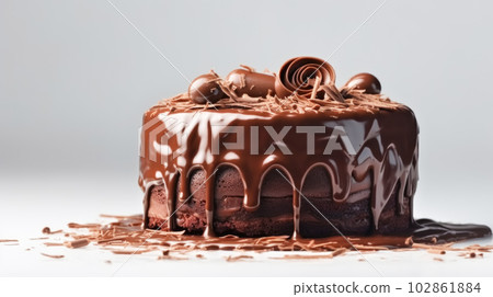 Chocolate cupcake cake decorated with chocolate icing and chocolate chips, white background. Festive sweet chocolate dessert 102861884