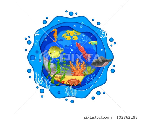Cartoon sea paper cut landscape with underwater animals, corals and seaweeds. Vector ocean fish and plants of coral reef, blue water waves with cute crab, squid, seahorse, stingray, puffer, starfish Cartoon sea paper cut landscape with underwater animals, corals and seaweeds. Vector ocean fish and plants of coral reef, blue water waves with cute crab, squid, seahorse, stingray, puffer, starfish 102862185