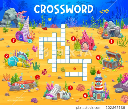Crossword quiz game grid. Cartoon fairytale underwater house buildings cross word puzzle worksheet for kids. Vector brainteaser with shell, submarine, rock and coral, beacon, chest and ruins with boat Crossword quiz game grid. Cartoon fairytale underwater house buildings cross word puzzle worksheet for kids. Vector brainteaser with shell, submarine, rock and coral, beacon, chest and ruins with boat 102862186