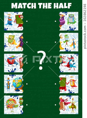 Match the half of cartoon stationery superhero characters. Piece connect playing activity worksheet, figure fragment search vector puzzle with eraser, microscope, ruler and school bag cute personages Match the half of cartoon stationery superhero characters. Piece connect playing activity worksheet, figure fragment search vector puzzle with eraser, microscope, ruler and school bag cute personages 102862198
