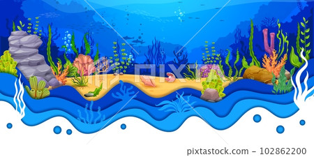 Cartoon sea underwater paper cut landscape with seaweeds, seashells, corals and reefs. Vector ocean bottom, blue water waves, marine animals, bubbles, fish and dolphins with 3d layered papercut border Cartoon sea underwater paper cut landscape with seaweeds, seashells, corals and reefs. Vector ocean bottom, blue water waves, marine animals, bubbles, fish and dolphins with 3d layered papercut border 102862200