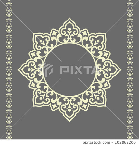 Decorative frame Elegant vector element for design in Eastern style, place for text. Floral beige and gray border. Lace illustration for invitations and greeting cards Decorative frame Elegant vector element for design in Eastern style, place for text. Floral beige and gray border. Lace illustration for invitations and greeting cards 102862206