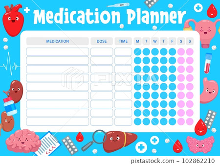 Weekly medication planner. Happy human body characters. Medical prescription week schedule, medicines dosage vector daily planner with heart, uterus, kidneya and brain, liver, stomach funny personages 102862210