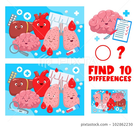 Find ten differences quiz. Cartoon human body organ characters. Difference search kids game, objects comparing child quiz vector worksheet with liver, brain, heart and lungs happy organs personages 102862230
