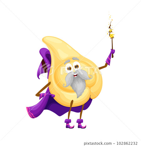 Cartoon Halloween italian pasta wizard character. Isolated vector tortellini personage with magic wand, witch hat and cape, with comical expression on face, adding fun touch to the holiday festivities Cartoon Halloween italian pasta wizard character. Isolated vector tortellini personage with magic wand, witch hat and cape, with comical expression on face, adding fun touch to the holiday festivities 102862232