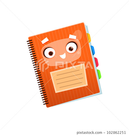 Cartoon notebook, school character or education mascot, vector happy funny smile. Back to school character of student textbook or copybook with smile face, cute cartoon notebook with bookmarks 102862251