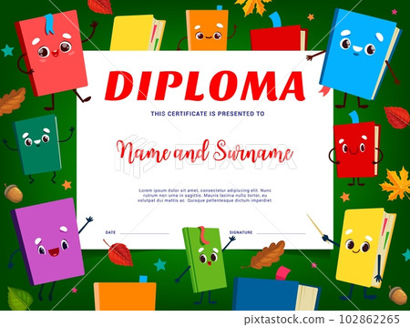 Kids diploma, cartoon cute school textbooks and books, vector education certificate award. Funny student books, notebooks and copybooks on chalkboard for school or kindergarten appreciation diploma Kids diploma, cartoon cute school textbooks and books, vector education certificate award. Funny student books, notebooks and copybooks on chalkboard for school or kindergarten appreciation diploma 102862265