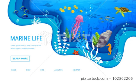 Landing page cartoon sea turtle, jellyfish and tropical fish shoal on paper cut underwater landscape with coral reef and seaweed plants in ocean depth. Vector web banner featuring marine undersea life Landing page cartoon sea turtle, jellyfish and tropical fish shoal on paper cut underwater landscape with coral reef and seaweed plants in ocean depth. Vector web banner featuring marine undersea life 102862266