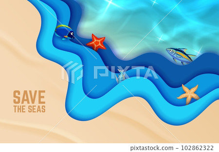 Sea wave paper cut banner, vector 3d background with ocean and sand wavy frame, tuna or angle fishes and starfishes, sparkling blue water top view and save the seas conservation awareness message 102862322