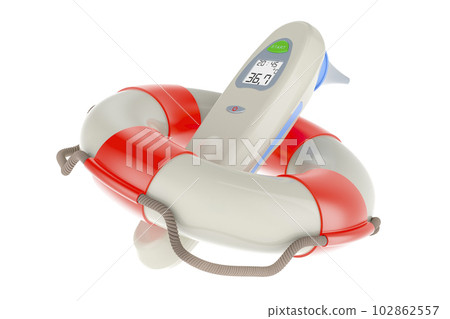 Digital Forehead and Ear Thermometer inside lifebelt. 3D rendering Digital Forehead and Ear Thermometer inside lifebelt. 3D rendering 102862557