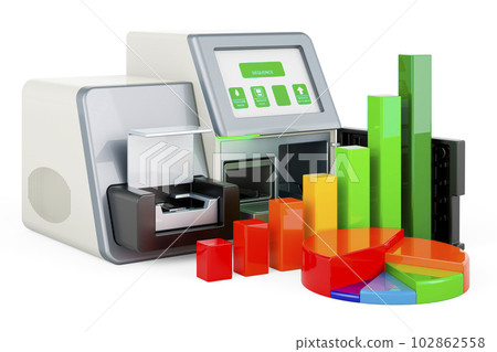 DNA sequencer with growth bar graph and pie chart, 3D rendering 102862558