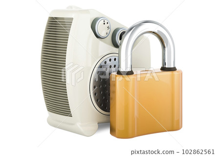 Fan heater with padlock. 3D rendering Fan heater with padlock. 3D rendering 102862561