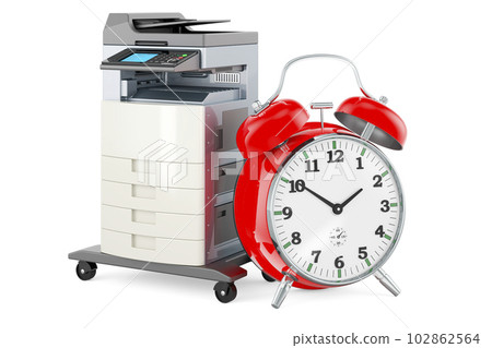Office multifunction printer MFP with alarm clock, 3D rendering Office multifunction printer MFP with alarm clock, 3D rendering 102862564