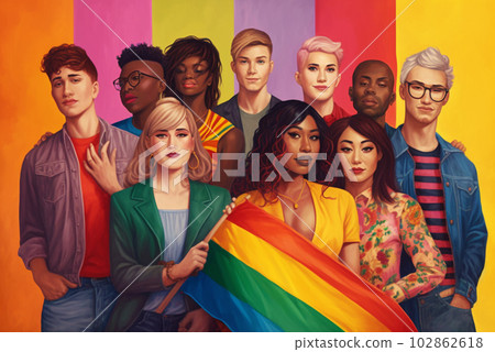 Cartoon illustration of group of LGBTQ+ people. Generative AI 102862618
