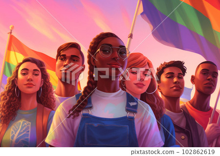 Cartoon illustration of group of LGBTQ+ people. Generative AI 102862619