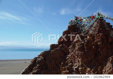 View of Lake Manasarovar from Chu Gompa, Western Tibet 102862904