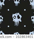 Cursed skull seamless pattern, black and gray colors. Suitable for fashion industry, branding, halloween background. Cursed skull seamless pattern, black and gray colors. Suitable for fashion industry, branding, halloween background. 102863401