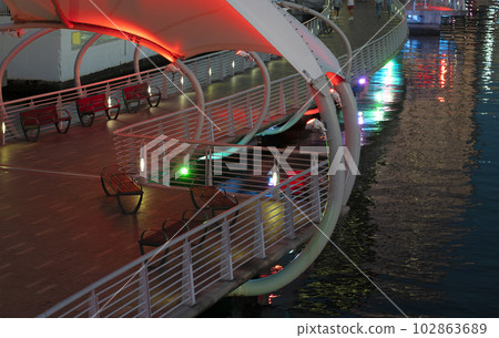 People enjoying time walking on pedestrian riverwalk trail alongside river water in downtown district of Tampa city in Florida, USA. Recreational area in modern american megapolis. People enjoying time walking on pedestrian riverwalk trail alongside river water in downtown district of Tampa city in Florida, USA. Recreational area in modern american megapolis. 102863689