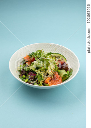 Portion of fresh gourmet salad with salmon 102863916