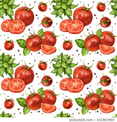Seamless pattern with compositions of red tomatoes, cherry, peppercorns, bunches and basil leaves. Floral background for textiles, fabrics, wrapping paper and other designs. On a white background 102863960