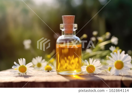 Fragrant Chamomile Essential Oil in small glass bottle with fresh Camomile Flowers on wooden table with blurred Summer garden background. Beauty treatment, Spa concept. Generative AI. Fragrant Chamomile Essential Oil in small glass bottle with fresh Camomile Flowers on wooden table with blurred Summer garden background. Beauty treatment, Spa concept. Generative AI. 102864114