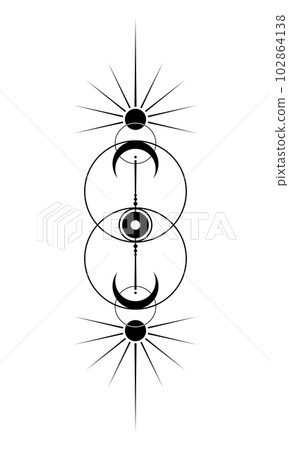 Mystical Sacred geometry, Vesica piscis, All Seeing eye, the third eye, magic sun and crescent moon pagan Wiccan goddess and god symbol. Vector sign illustration isolated on white background Mystical Sacred geometry, Vesica piscis, All Seeing eye, the third eye, magic sun and crescent moon pagan Wiccan goddess and god symbol. Vector sign illustration isolated on white background 102864138