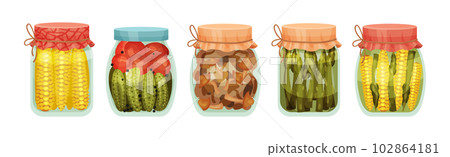 Closed with Lid Glass Jar with Preserved Food Vector Set Closed with Lid Glass Jar with Preserved Food Vector Set 102864181
