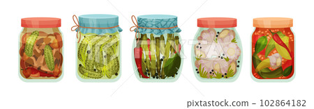 Closed with Lid Glass Jar with Preserved Food Vector Set Closed with Lid Glass Jar with Preserved Food Vector Set 102864182