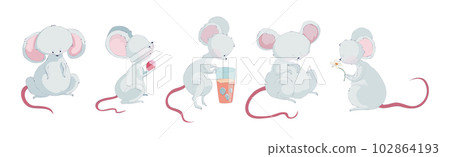 Funny White Mouse Character with Long Pink Tail Vector Set Funny White Mouse Character with Long Pink Tail Vector Set 102864193