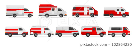 Ambulance Car with Red and White Colors as Medically Equipped Vehicle for Transporting Patients Vector Set 102864220