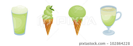 Green Matcha Dessert with Drink and Ice Cream Vector Set Green Matcha Dessert with Drink and Ice Cream Vector Set 102864228